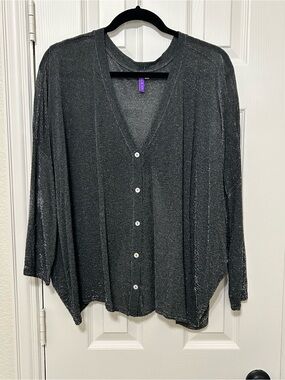 Emma & Sam Black Silver Lurex Shimmery Button-Front Top with open back L night